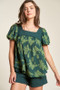 Davi & Dani Nature Printed Square Neck Puff Sleeve Blouse