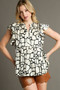 Umgee Full Size Two Tone Animal Print Notched Ruffle Cap Sleeve Blouse Plus Size