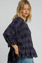 Umgee Full Size Swiss Dot Half Button Flounce Sleeve Blouse Plus Size