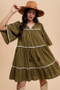 Annie Wear Tassel Contrast Trim Tie Neck Half Sleeve Tiered Dress