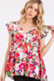 Mittoshop Floral V-Neck Ruffled Cap Sleeve Blouse