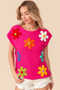BiBi Flower Round Neck Cap Sleeve Knit Top