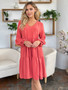 Double Take Full Size V-Neck Balloon Sleeve Tiered Dress with Pockets