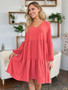 Double Take Full Size V-Neck Balloon Sleeve Tiered Dress with Pockets