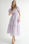 MABLE Eyelet Lace Puff Sleeve V Neck Midi Dress