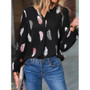 Autumn and winter women's v-neck feather print long-sleeved loose t-shirt women's tops