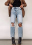 Women Vintage High Waist Ripped Straight Denim Pants