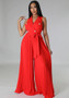 Women Spring V-neck Sleeveless Backless Pleated Wide Leg Jumpsuit