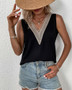 Women Summer Solid chiffon loose v-neck lace sleeveless Top