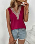 Women Summer Solid chiffon loose v-neck lace sleeveless Top