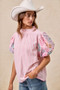 BiBi Embroidery Bubble Sleeve Top With Bottom Scallop Detail