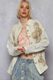 POL Button Down Exposed Seam Flower Print Patch Shirt with Crochet Long Sleeve