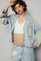 POL Raw Hem Zip Up Denim Jacket with Plaid and Crochet Patch