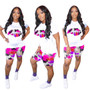 Women Casual Summer Camouflage Lip Print Two-Piece Set