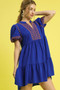 Umgee Floral Trim Puff Sleeve Mini Dress