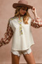 BiBi Floral Notched Plaid Balloon Sleeve Top