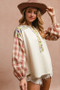 BiBi Floral Notched Plaid Balloon Sleeve Top