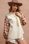 BiBi Floral Notched Plaid Balloon Sleeve Top