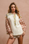 BiBi Floral Notched Plaid Balloon Sleeve Top