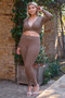 Plus Mocha Plunge Neck Long Sleeve Self-Tie Back Or Front Waist Top & High-Waisted Skinny Pants Set