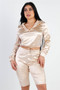 Satin Lace Details Long Sleeve Hooded Crop Top & Biker Short Set​