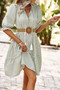Strip V Neck Button Puff Sleeves High Waist Dress