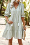 Strip V Neck Button Puff Sleeves High Waist Dress
