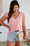 Solid V Neck Lace Splicing Back Bowknot T Shirt