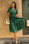 Solid V Neck Puff Sleeve Elastic Waist Dress