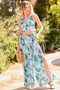 Back Elastic Waist Band Side Pockets Pleat Side Open Slit Tropical Print Pants