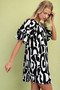 Geometric Print Loose Fit Mini Dress With Gathered Balloon Sleeves​