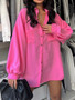 Women's Spring Turndown Collar Long Sleeve Shirt Loose Plus Size Balloon Sleeve Pocket Solid Top