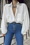 Women's Spring Turndown Collar Long Sleeve Shirt Loose Plus Size Balloon Sleeve Pocket Solid Top