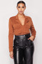 Deep-V Cropped Power Shoulder Blazer Bodysuit