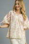Umgee Floral Print Puff Sleeve Tie Neck Blouse