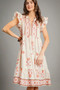 Umgee Printed Tie Neck Ruffle Cap Sleeve Dress