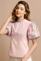 BiBi Embroidery Bubble Sleeve Top With Bottom Scallop Detail