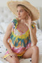 BiBi Circular Tie Dye Knit V Neck Top With Ruffle