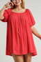 Umgee Full Size Squared Neck Puff Sleeve Mini Dress Plus Size