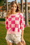 BiBi Check Pattern Short Puff Sleeve Sweater Top