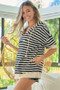 BiBi Stripe Fleece Notch Neck Short Sleeve Hoodie