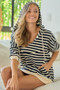 BiBi Stripe Fleece Notch Neck Short Sleeve Hoodie