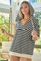 BiBi Stripe Fleece Notch Neck Short Sleeve Hoodie