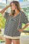 BiBi Stripe Fleece Notch Neck Short Sleeve Hoodie