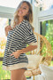 BiBi Stripe Fleece Notch Neck Short Sleeve Hoodie