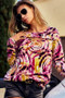 BiBi Print Tie Dye Rib Knit Top With Cut Out Neck
