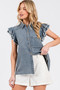 Mittoshop Washed Denim Ruffle Short Sleeve Collared Shirt