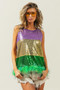 BiBi Mardi Gras Color Block Faux Feather Hem Sequin Top