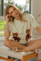 BiBi Teddy Bear With Bow Patched Sweater Button Down Top