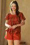Davi & Dani Nature Printed Square Neck Puff Sleeve Blouse